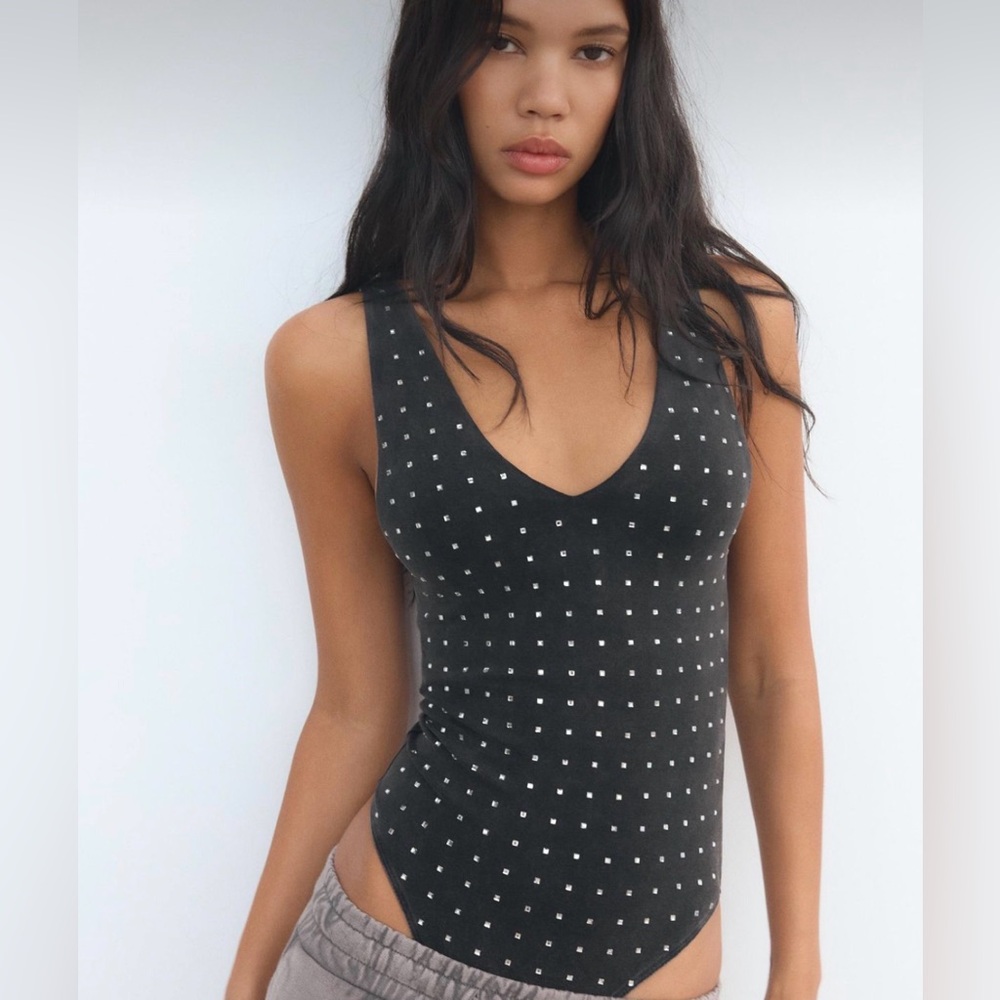 🔥Zara Black Studded Washed Rhinestone Bodysuit NWT